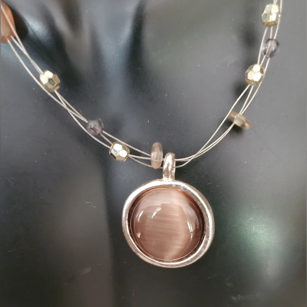 NY Tiger's Eye Stone Pendant 3 Strand Beaded Necklace